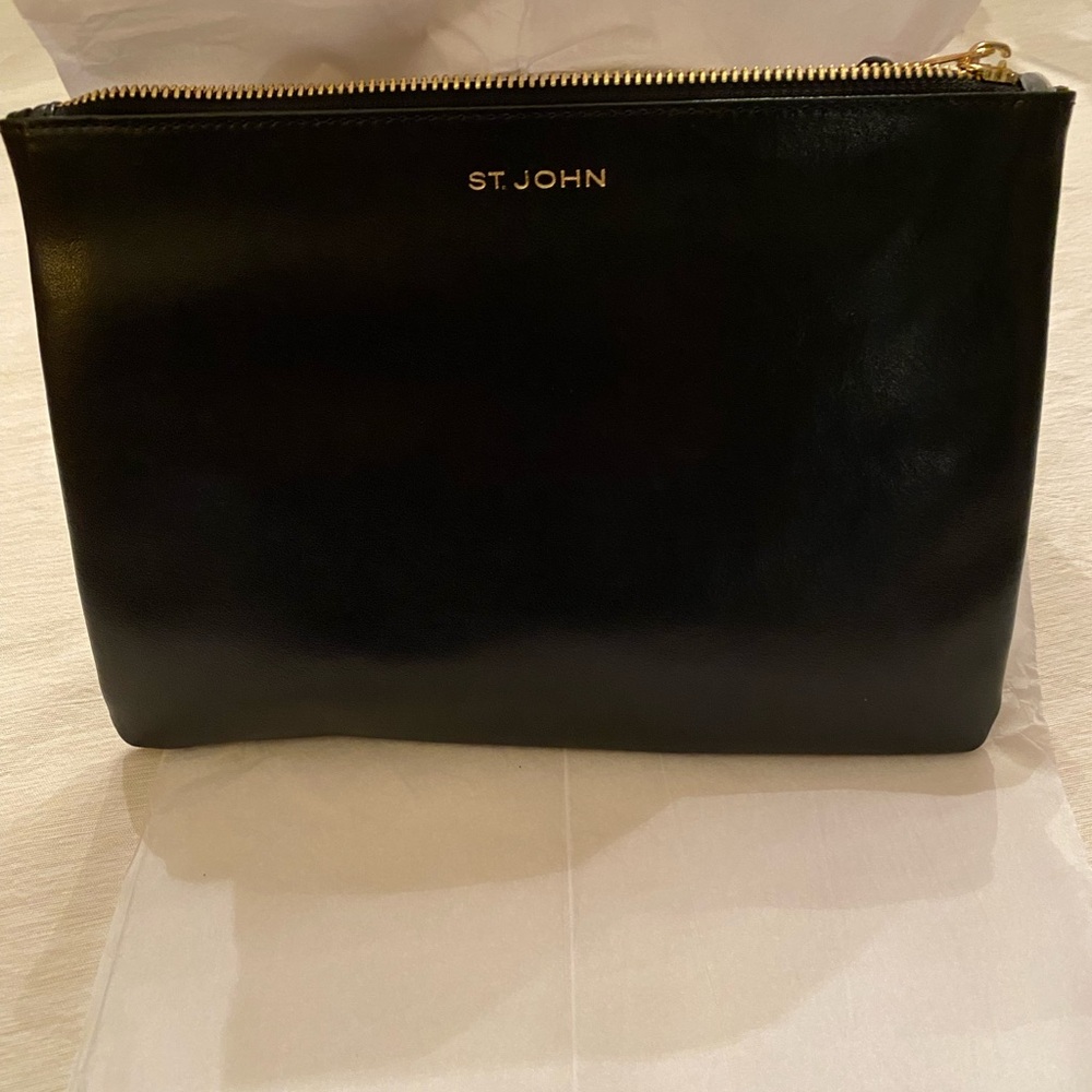 St. John Black Leather Clutch/Cosmetic Bag With Gold Zipper